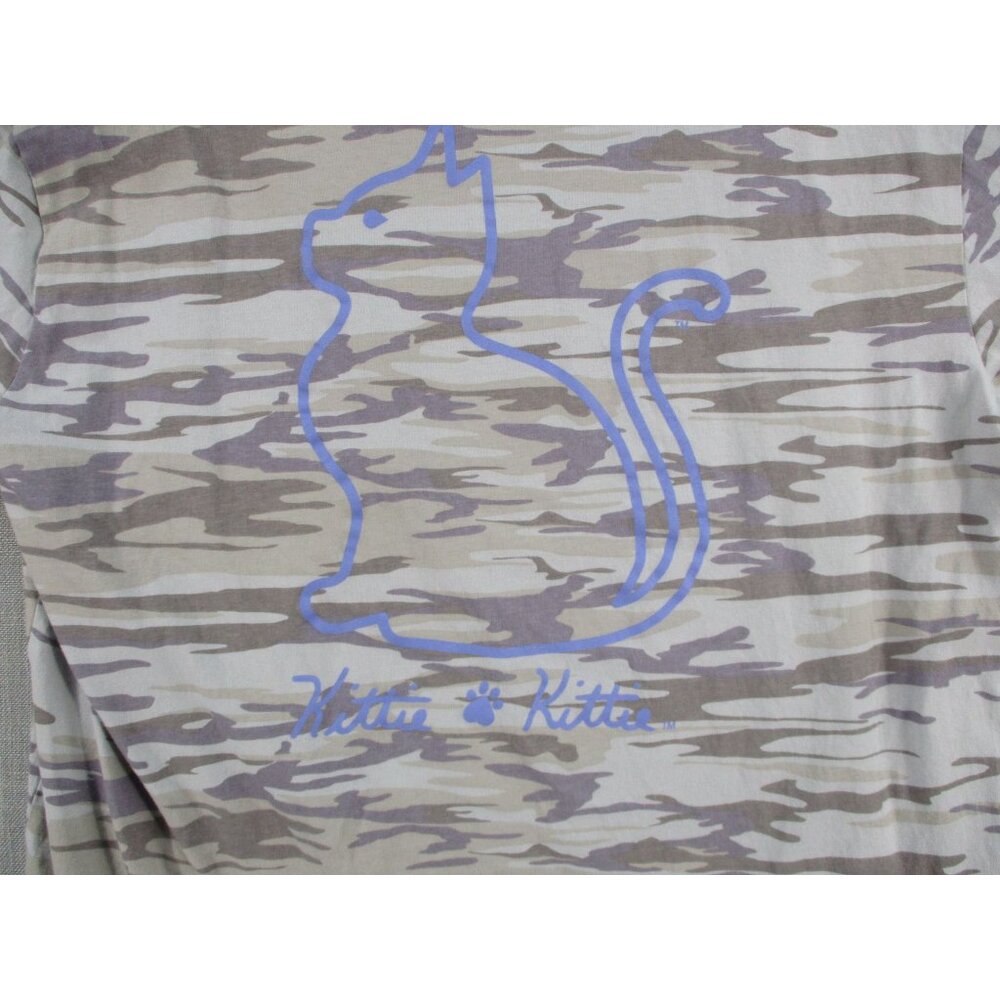 Kitty Kitte Camo T-Shirt With Blue Cat Outline Design 100% Cotton‎ Size L